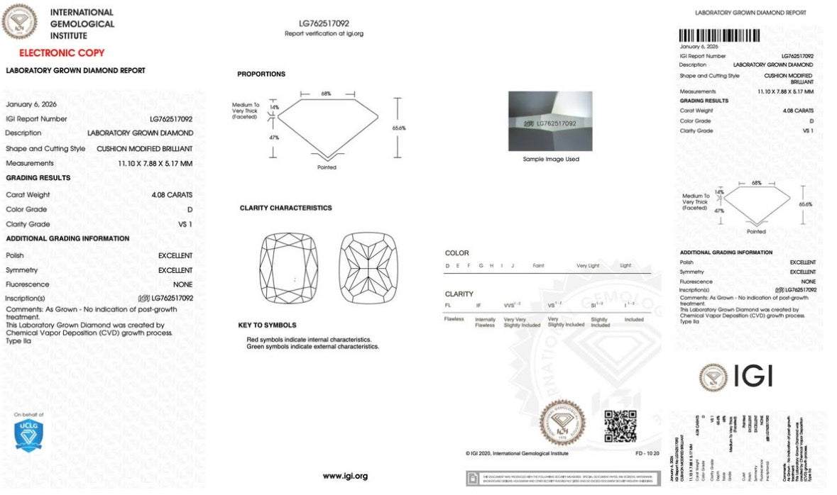 4.08 Carat Cushion Lab Diamond Engagement Ring