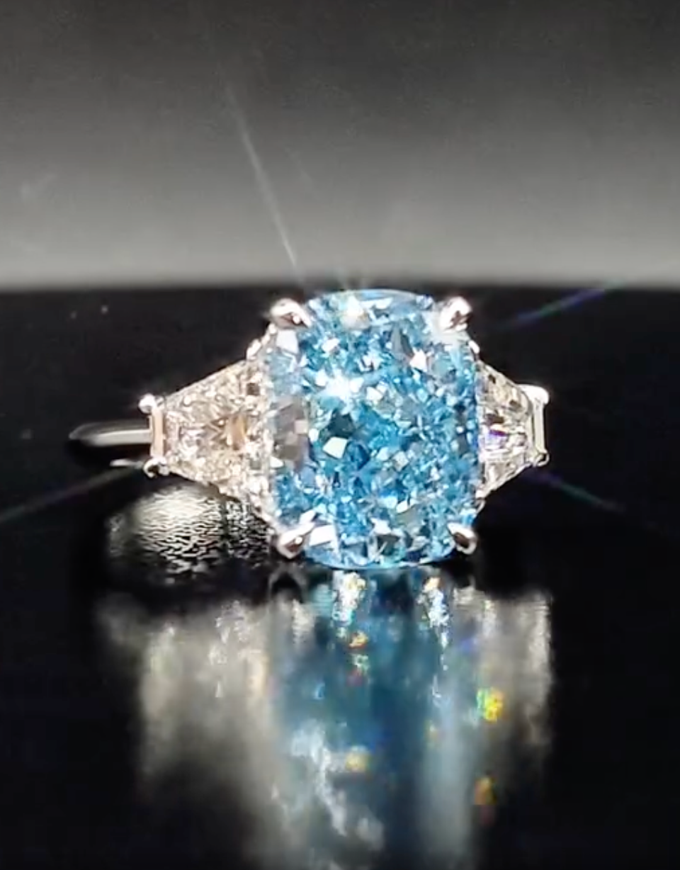 5.03 Carat BLUE ICE, Cushion Cut Lab Diamond Engagement Ring