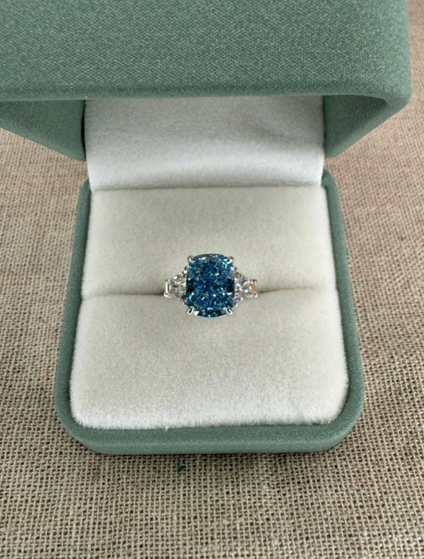 5.03 Carat BLUE ICE, Cushion Cut Lab Diamond Engagement Ring